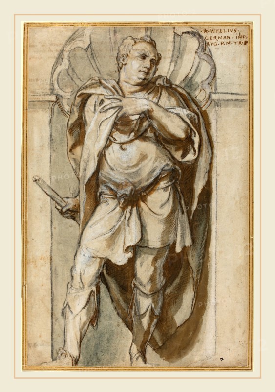 Paolo Farinati, Italian (1524-1606), The Emperor Aulus Vitellius, pen and brown ink with brown and gray wash heightened with white over black chalk on laid paper