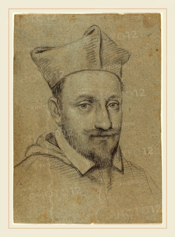 Ottavio Leoni, Italian (c. 1578-1630), Portrait Head of a Cardinal, black chalk heightened with white chalk on blue laid paper