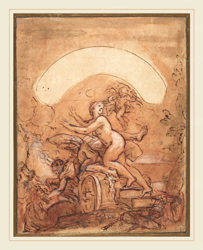 Giuseppe Passeri, Italian (1654-1714), Night Fleeing Before Morning, pen and brown ink with brown and red wash, red and black chalk, heightened with white, on laid paper