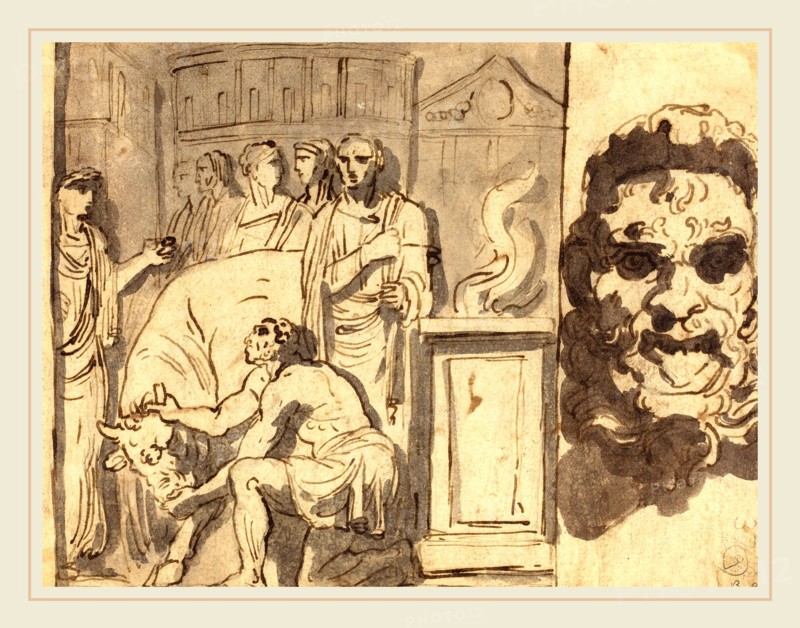 Felice Giani, Italian (1758-1823), Ancient Sacrifice and Head of a Satyr, pen and brown and iron gall ink, with brush and brown and black wash on wove paper
