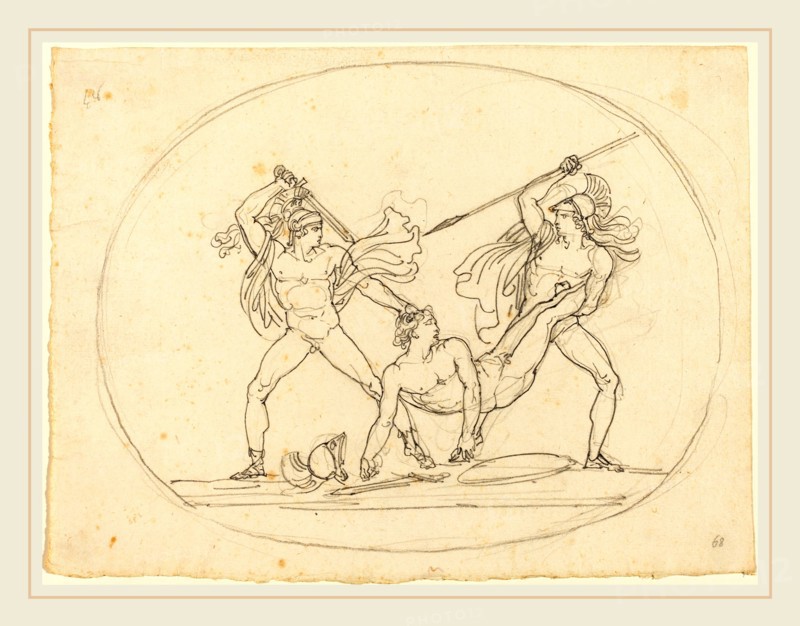 Bartolomeo Pinelli, Italian (1781-1835), Two Classical Warriors Fighting over a Dead Comrade, graphite on laid paper