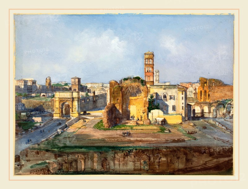 Ippolito Caffi, Italian (1809-1866), The Arch of Titus and the Temple of Venus and Rome near the Roman Forum, watercolor and gouache over graphite on wove paper