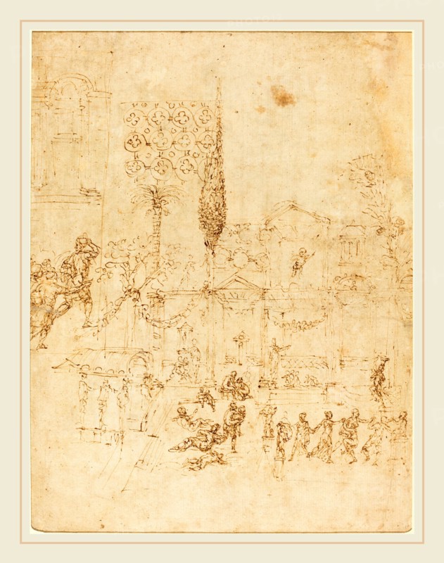 Pirro Ligorio, Italian (c. 1513-1583), A Party in a Roman Villa [recto], pen and brown ink on laid paper