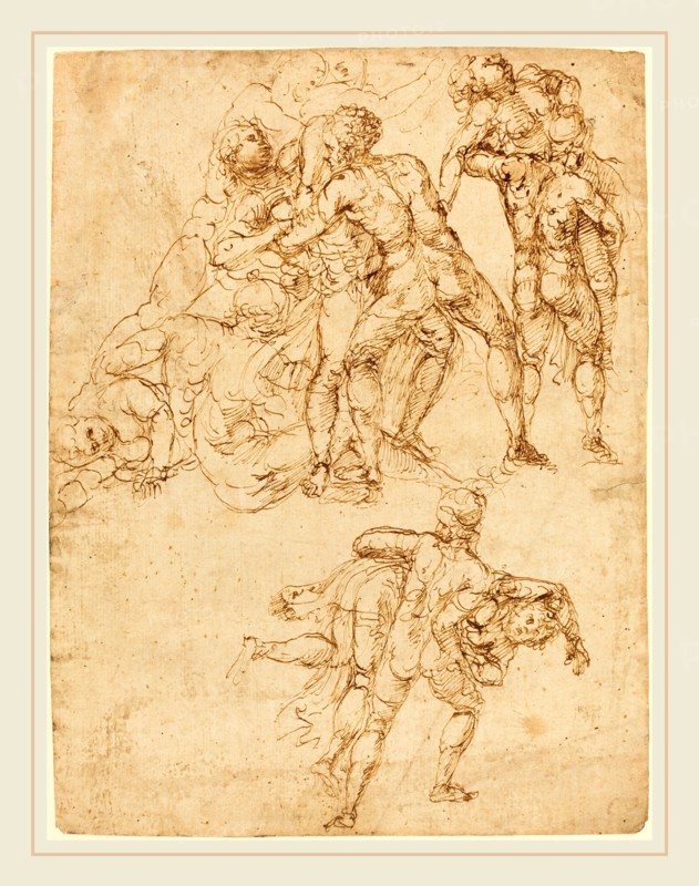Pirro Ligorio, Italian (c. 1513-1583), Studies for the Rape of the Sabine Women [verso], pen and brown ink on laid paper