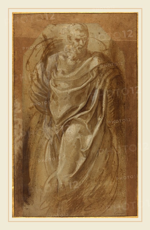 Girolamo Muziano, Italian (1528 or 1532-1592), A Standing Man in Classical Drapery, 1544-1549, brown wash with white heightening over black  chalk on green-blue paper laid on brown washed paper