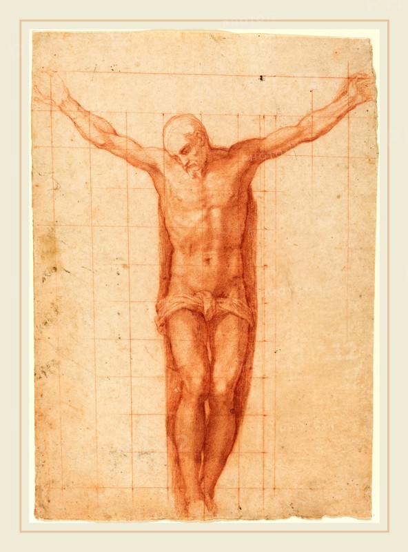 Girolamo Muziano, Italian (1528 or 1532-1592), Christ on the Cross, red chalk on laid paper, squared for transfer