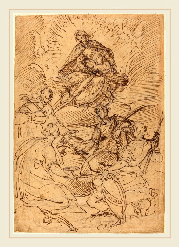 Giovanni Battista Paggi, Italian (1554-1627), The Madonna and Child in Glory Adored by Saints, pen and brown ink over black chalk, on buff laid paper