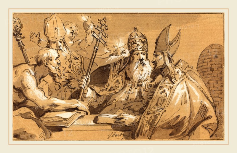 Jacob de Wit, Dutch (1695-1754), The Four Fathers of the Church, pen and black ink with brown wash with white heightening on brown laid paper