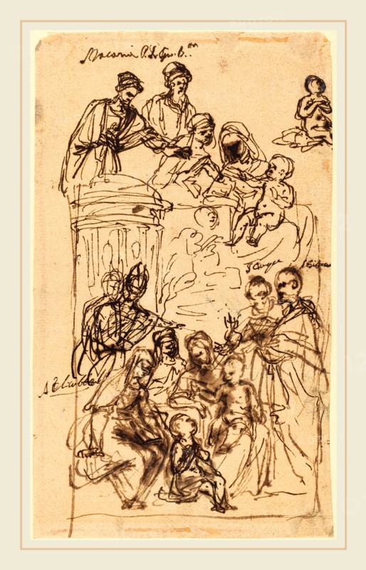 Italian 17th Century, The Madonna and Child with Saints, pen and iron gall ink on laid paper