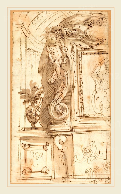 Genoese 17th Century, Italian (17th century), An Elaborately Sculpted Frame, pen and brown ink with gray and red-brown wash on laid paper