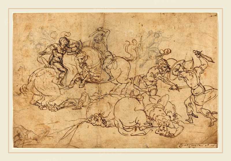 Luca Cambiaso, Italian (1527-1585), Soldiers Fighting, pen and brown ink over black chalk on laid paper