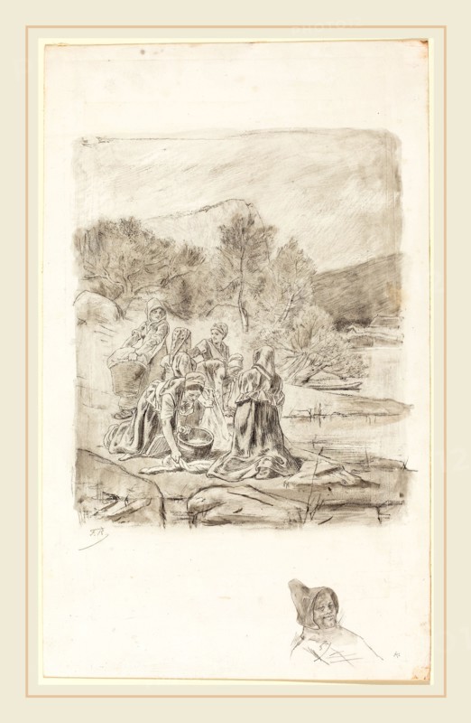 Félicien Rops (Belgian, 1833-1898), Washerwomen, c.1884-1887, counterproof of an etching with pen and black ink, black and white chalk, and gray wash