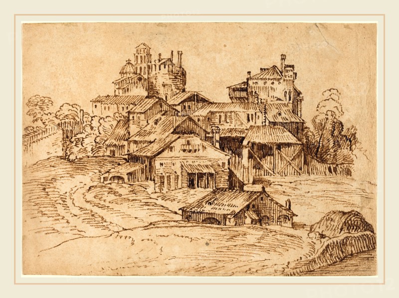 Bolognese 17th Century, View of an Italian Town (after Titian or Domenico Campagnola), pen and brown ink on laid paper