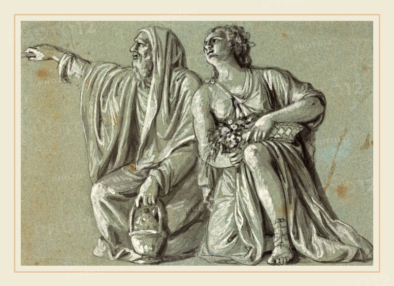 Roman 18th Century, Two Kneeling Figures with Offerings, pen and black ink with black wash, heightened with white on blue-gray laid paper