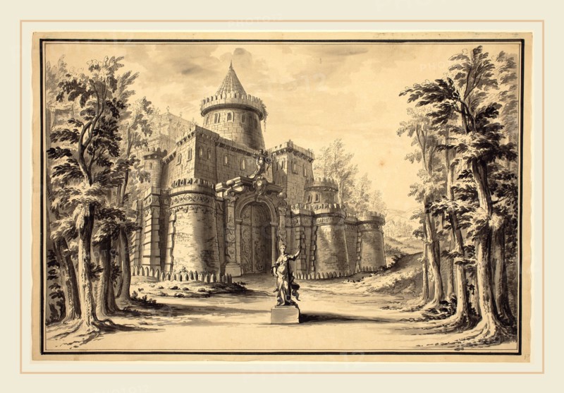 German 18th Century, A Stage Set with a Statue and a Palace, pen and black ink with gray wash on laid paper