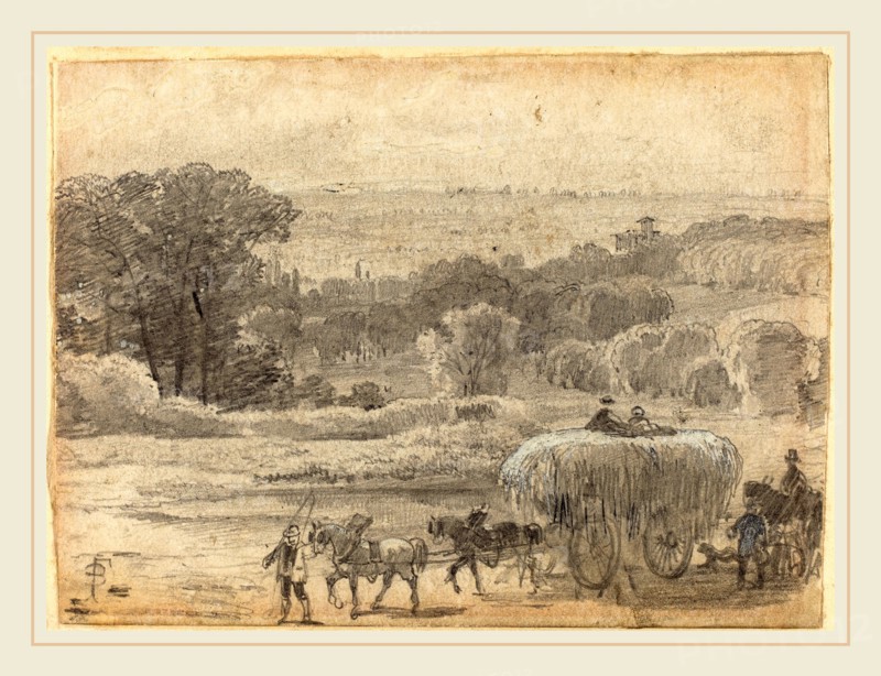 Myles Birket Foster, British (1825-1899), An Evening Landscape with a Hay Wagon, graphite with touches of pen and black ink, heightened with white on wove paper