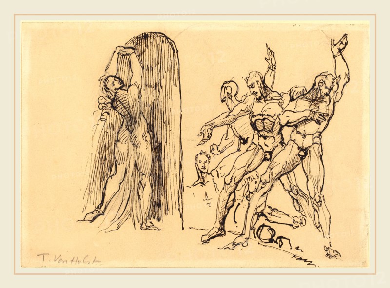 Theodore M. von Holst, British (1810-1844), Five Male Nudes Gesticulating as a Nude Woman Enters a Portal, pen and black and brown ink over graphite on wove paper