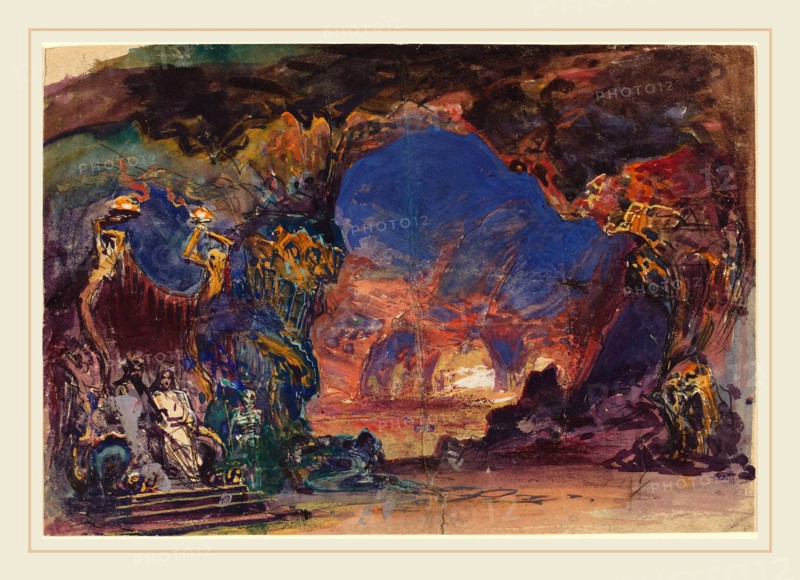 Robert Caney, British (1847-1911), Underworld Scene with a Man and Woman Enthroned and Death Standing Guard, watercolor and gouache with pen and black ink over graphite on wove paper