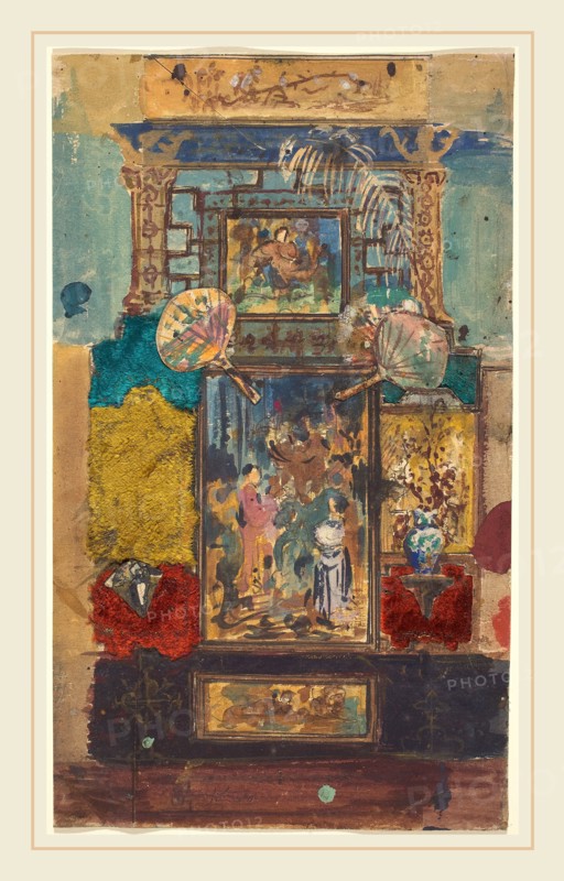 Robert Caney, British (1847-1911), Stage Set Consisting Of Painted Panels, Fabrics, And Fans, watercolor, gouache, graphite, black ink, and metallic gold paint with collage of colored fabric and various papers on wove paper
