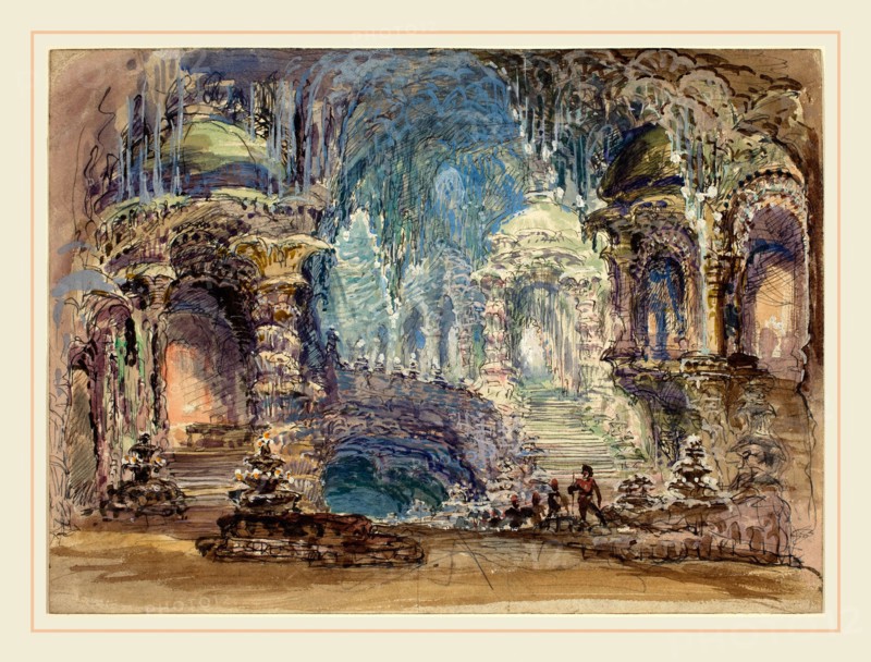 Robert Caney, British (1847-1911), Interior Scene With Troops In Foreground, watercolor and gouache with pen and black ink, heightened with white, over graphite on wove paper
