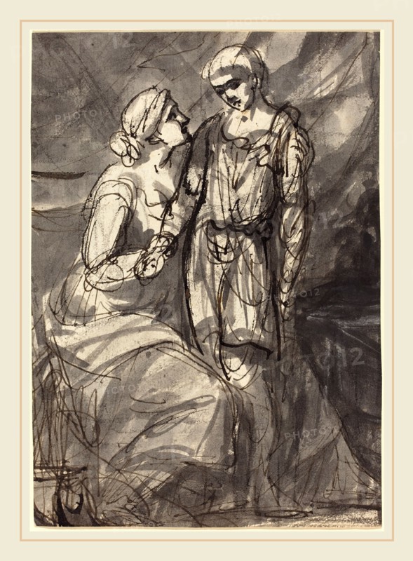 Henri-Pierre Danloux, French (1753-1809), Two Figures in Classical Dress, pen and black ink with black wash over black chalk on laid paper