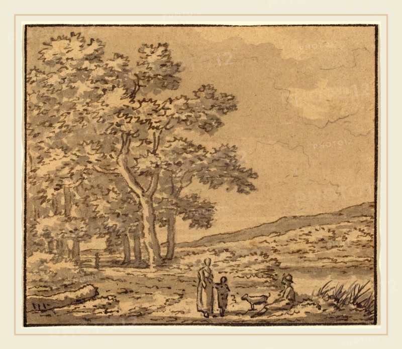 Théodore Rousseau, French (1812-1867), A Landscape with Three Figures and a Dog, pen and black ink, with black wash over graphite on laid paper