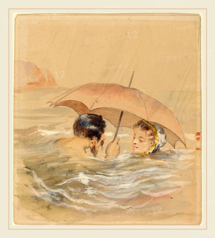 Alfred Grévin, French (1827-1892), Male and Female Bathers with Umbrella, watercolor and gouache over graphite on heavy wove paper