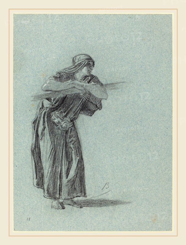 Alexandre Bida, French (1823-1895), Middle Eastern Woman Leaning on a Rail, black chalk with white heightening on blue wove paper