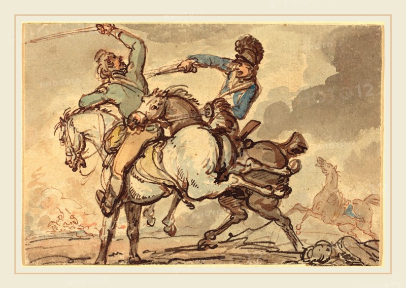 Thomas Rowlandson, British (1756-1827), Cavalry Skirmish, watercolor with pen and black and brown ink on laid paper