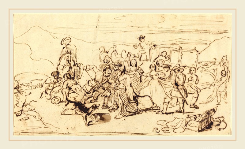 Sir David Wilke (Scottish, 1785-1841), A Stage Coach Robbery, c. 1820, pen and brown ink with brown wash over graphite on laid paper