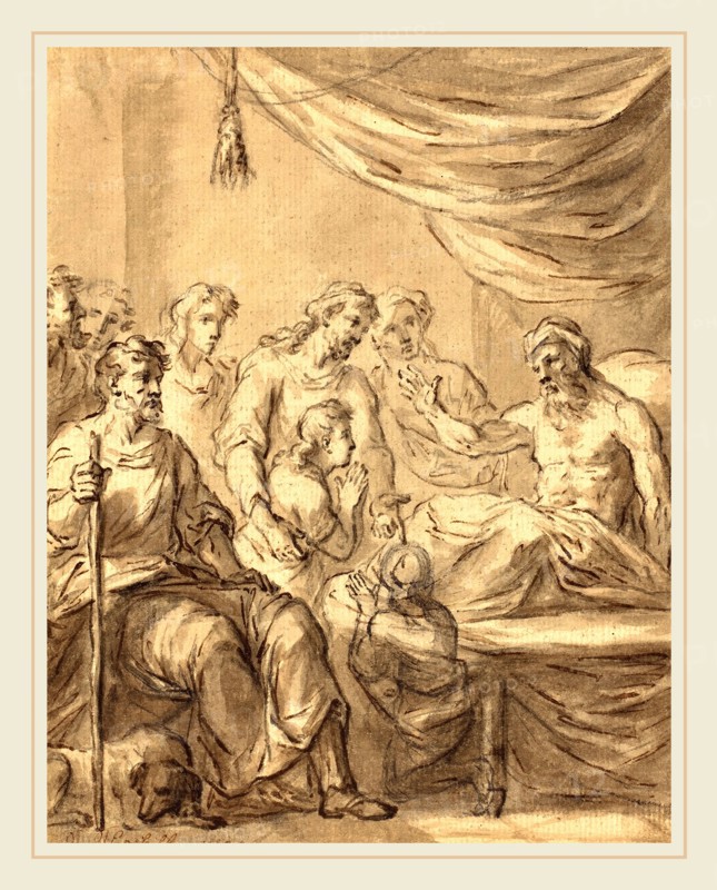 Sir James Thornhill,English, (1675-1734), A Deathbed Scene, pen and brown ink with brown wash over black chalk on laid paper