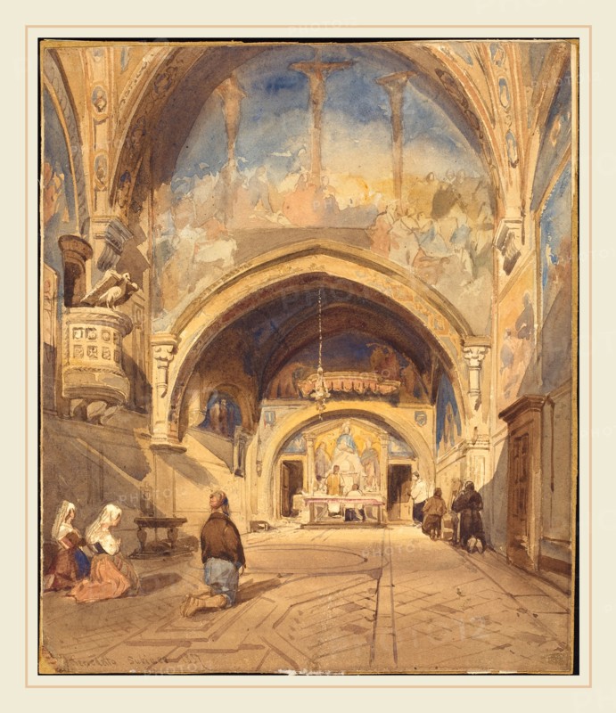 David Roberts (Scottish, 1796-1864), The Interior of the Church of San Benedetto, 1837, watercolor over graphite with scratching out on wove paper