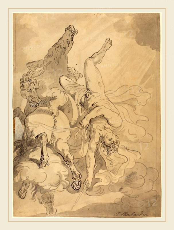 Thomas Rowlandson, British (1756-1827), The Fall of Phaeton, pen and black and gray ink with gray wash over black chalk, heightened with white, on wove paper