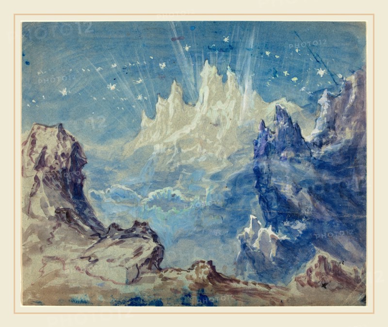 Robert Caney, British (1847-1911), Fantastic Mountainous Landscape with a Starry Sky, watercolor and gouache with white heightening, touches of blue pastel, on wove paper
