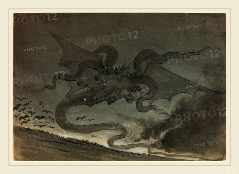 Robert Caney, British (1847-1911), Flying Monster, green and brown wash, heightened with white, over graphite on board