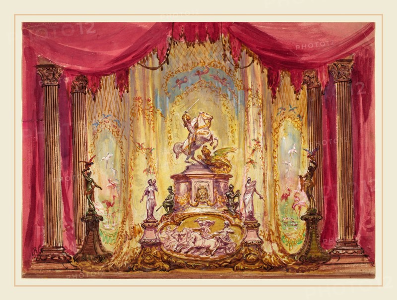 Robert Caney, British (1847-1911), Stage Set With Statue Of St. George Slaying The Dragon, watercolor and gouache with pen and black ink, heightened with white, over graphite on wove paper