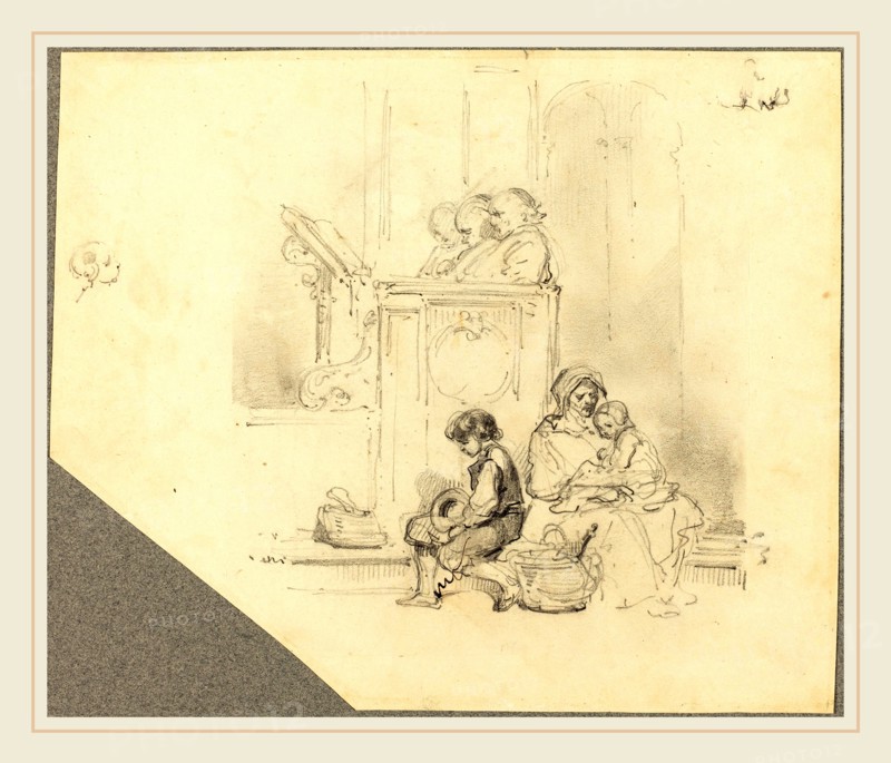 Hippolyte Bellangé, French (1800-1860), A Sleeping Man at a Lectern with a Family Scene Below, graphite, with pen and black ink on wove paper