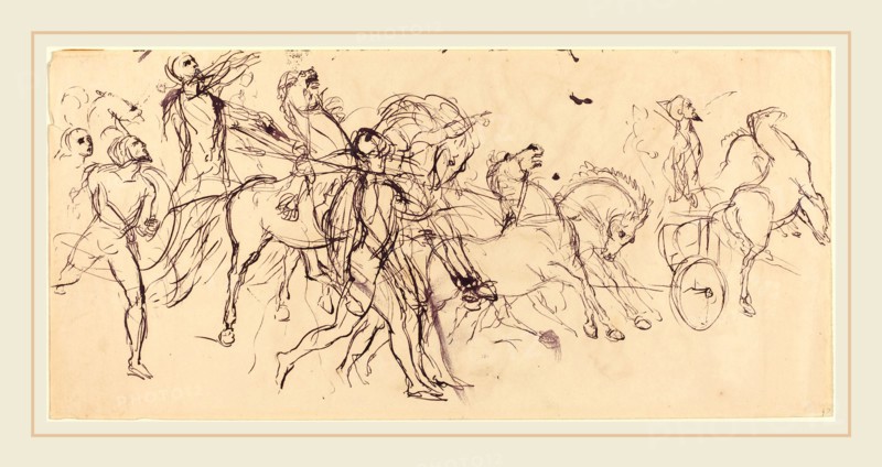 EugÃ¨ne Delacroix, French (1798-1863), Charioteers, pen and black ink with black wash on wove paper