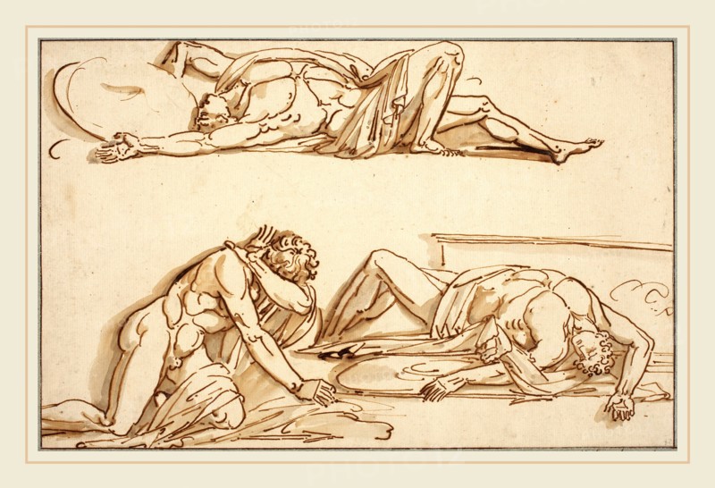 Philippe-Auguste Hennequin, French (1762-1833), Achilles and Patroclus, pen and brown ink, with brown wash on laid paper