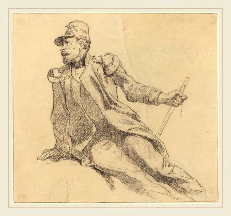 Hippolyte Bellangé, French (1800-1860), A Seated Soldier, black chalk over graphite on wove paper