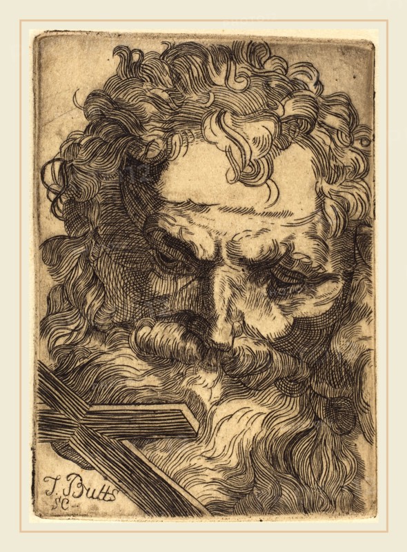 Thomas Butts, Jr., British (active c. 1806-1808), Head of Saint John the Baptist, etching--restrike impression from verso of Blake'scancelled plate for "A Prophecy" (1943.3.1848.b)