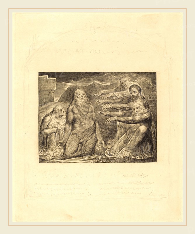 William Blake, British (1757-1827), Job Rebuked by His Friends, 1825, engraving with border and lettering in graphite onthick paper