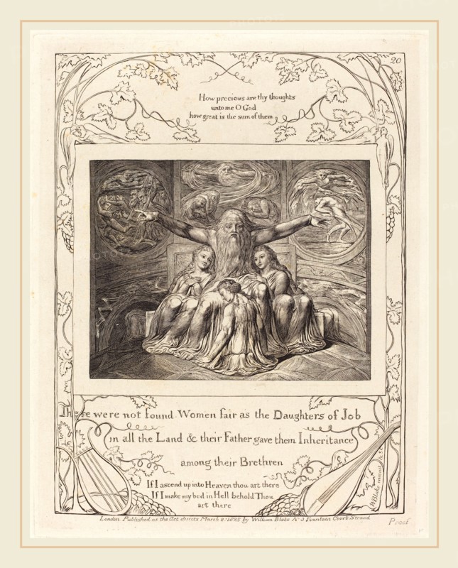 William Blake, British (1757-1827), Job and His Daughters, 1825, engraving on India paper