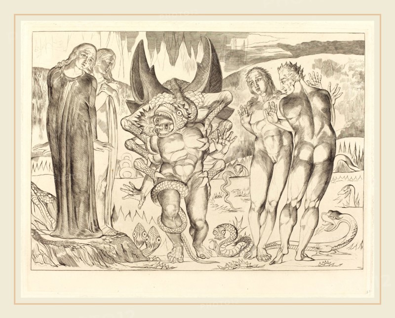 William Blake, British (1757-1827), The Circle of the Thieves; Agnolo Brunelleschi Attacked by a Six-Footed Serpent, 1827, engraving