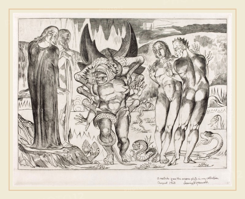 William Blake, British (1757-1827), The Circle of the Thieves; Agnolo Brunelleschi Attacked by a Six-Footed Serpent, 1827
