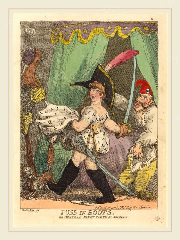 Thomas Rowlandson, British (1756-1827), Puss in Boots, or General Junot taken by Surprise, published 1811, hand-colored etching