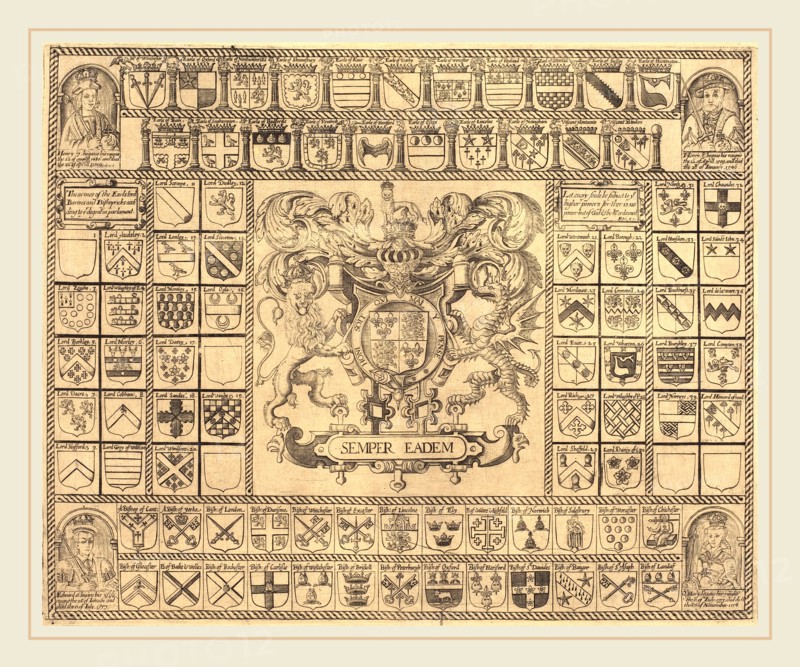 British 16th Century, Coats of Arms with Corner Portraits of Henry VII, Henry VIII, Edward VI, and Mary, engraving
