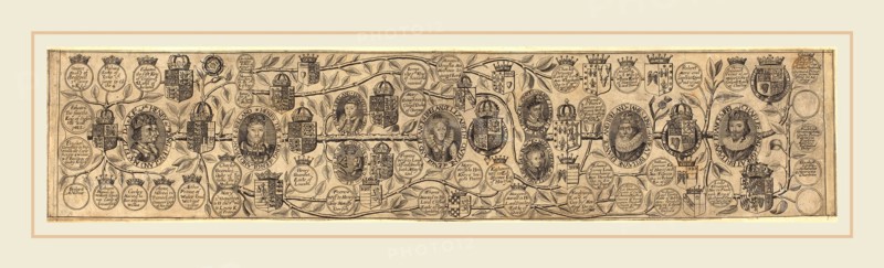 British 17th Century, Family Tree with Portraits of Henry VII, Henry VIII, Elizabeth, James, and Charles, engraving