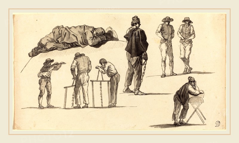 Vernet, Etude de personnages. Homme endormi et deux hommes sciant.