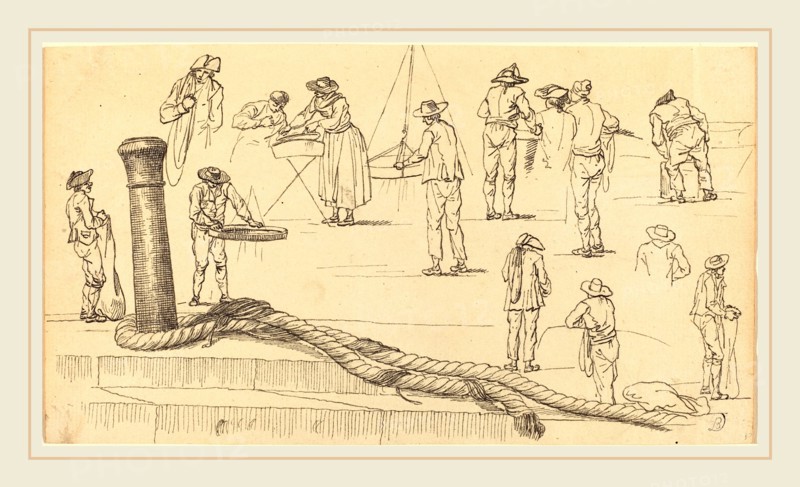 Vernet, Personnages au bord d'un quai et corde attachée à un bollard